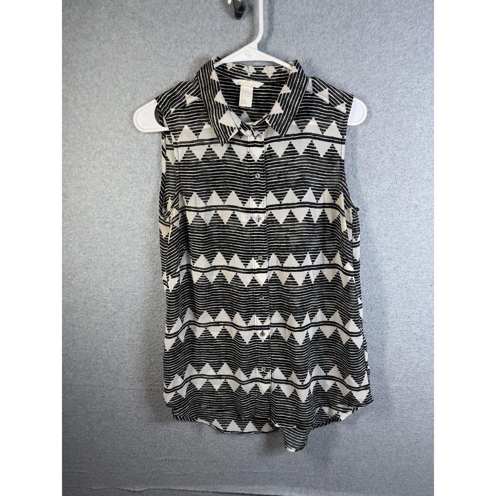 H&M Blouse Womens 6 Black White Geometric Sleeveless Button‎ Front Casual Top